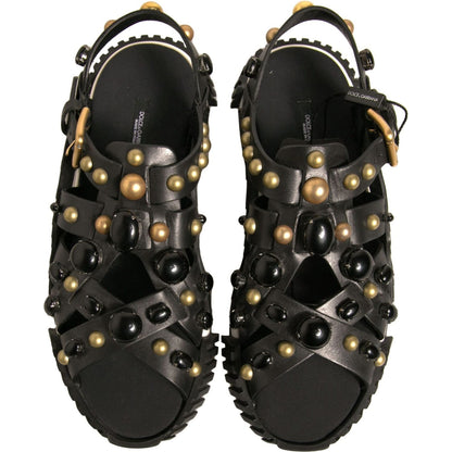 Dolce & Gabbana Black Leather Studded Slides Sandals Shoes