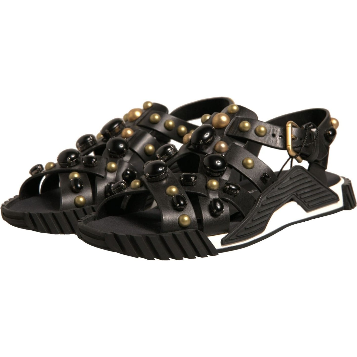 Dolce & Gabbana Black Leather Studded Slides Sandals Shoes
