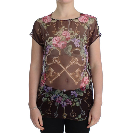Dolce & Gabbana Black Key Floral Print Silk Blouse T-shirt