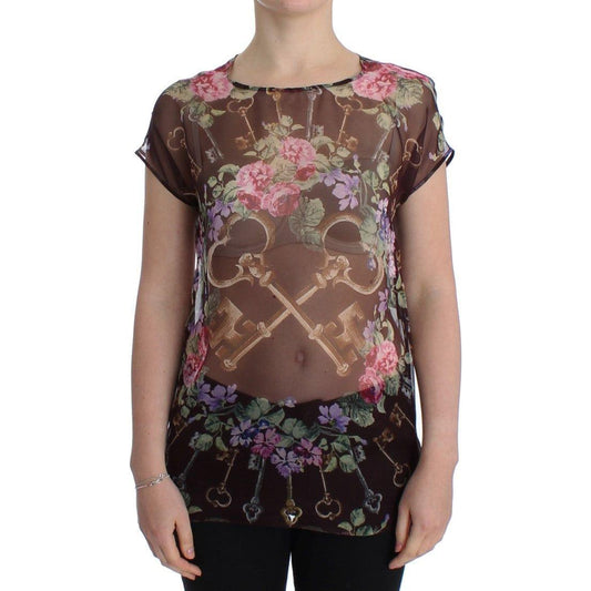 Dolce & Gabbana Elegant Floral Silk Blouse with Cap Sleeves Dolce & Gabbana Dim Gray