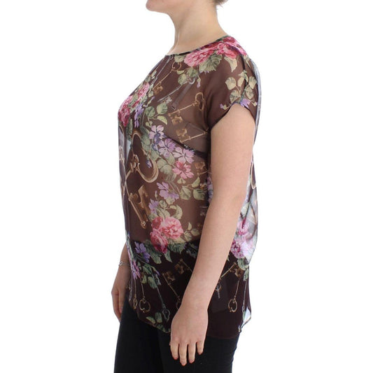 Dolce & Gabbana Elegant Floral Silk Blouse with Cap Sleeves Dolce & Gabbana Dark Slate Gray