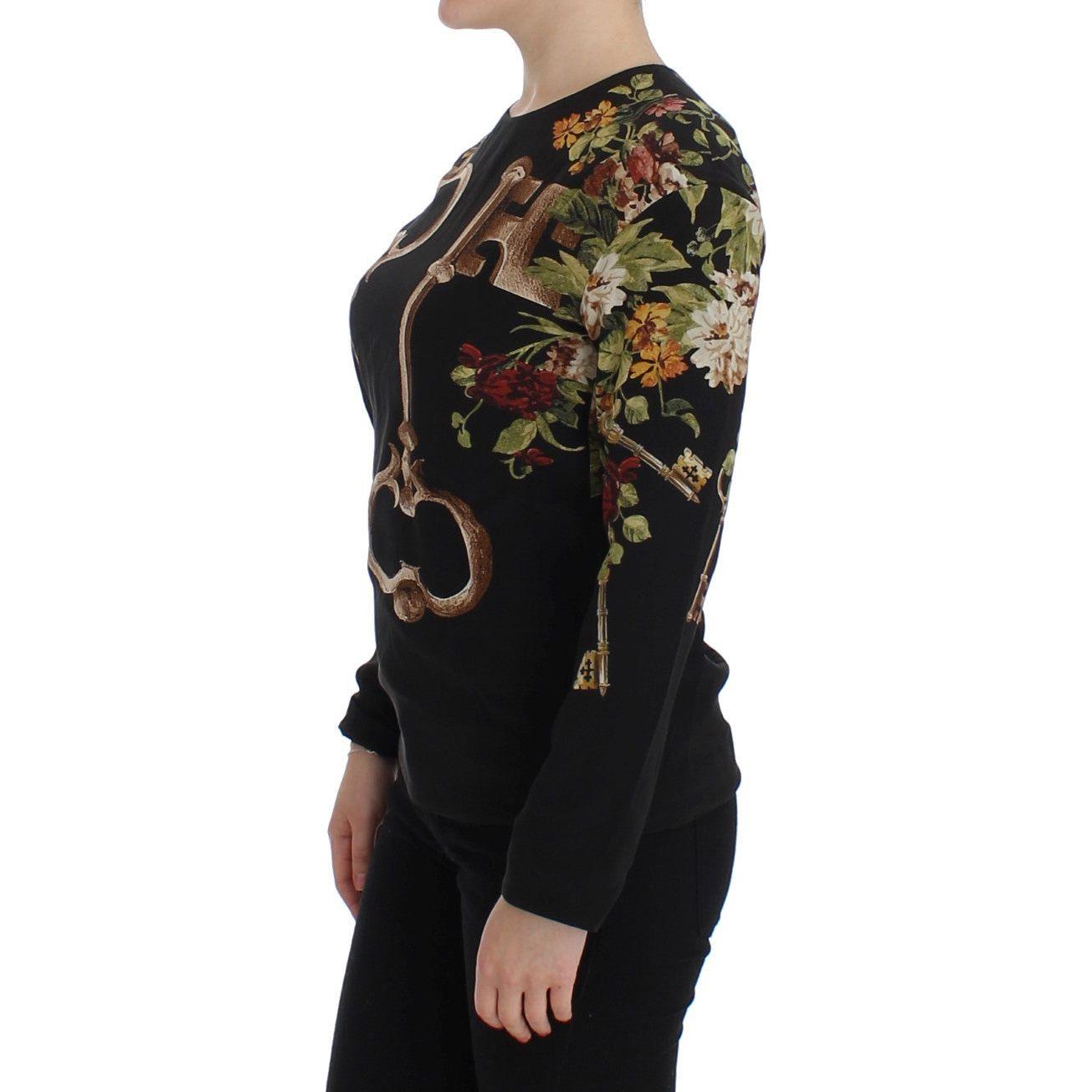 Dolce & Gabbana Black Key Floral Print Silk Blouse Top