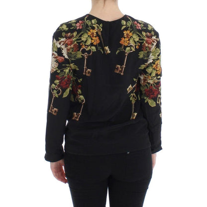 Dolce & Gabbana Black Key Floral Print Silk Blouse Top