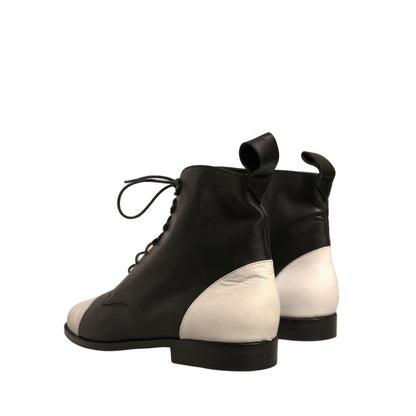 Sergio Rossi Black White Leather Lace Up Flats Ankle Boots Shoes