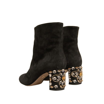 Dolce & Gabbana Black Embellished Heel Ankle Boots Shoes