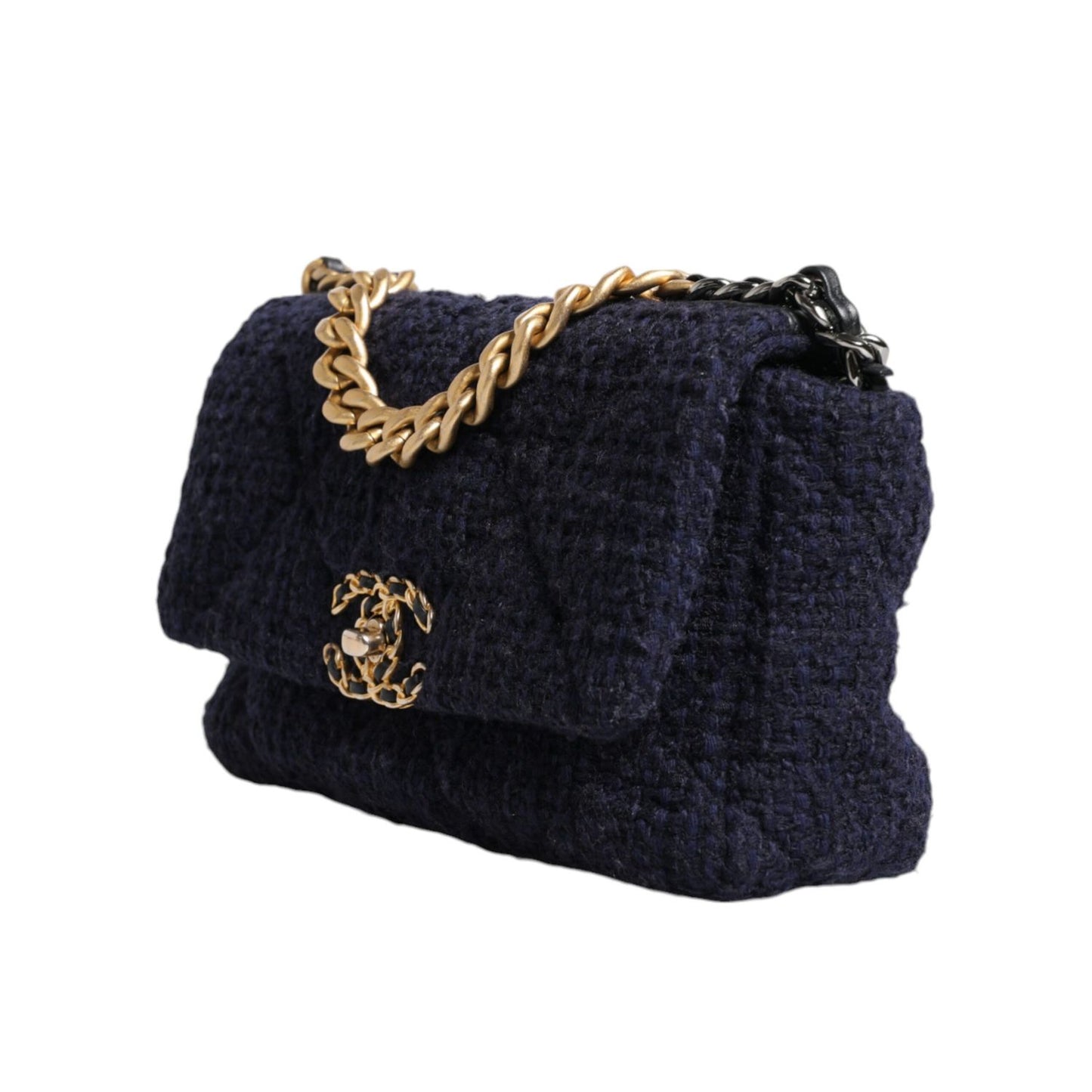 Chanel Dark Blue Medium Flap Tweed CC Gold Gray Chain Shoulder Bag