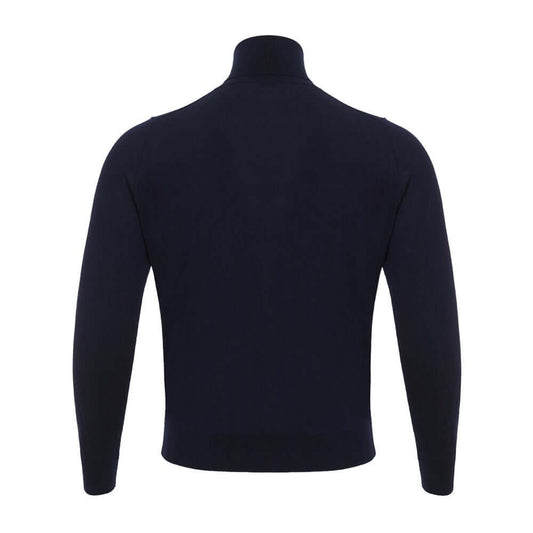 Navy blue Colombo cashmere and silk turtleneck sweater with long sleeves, micro ribbed neck, soft texture, 70% cashmere, 30% silk.