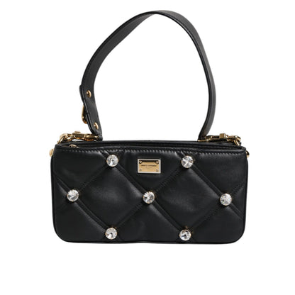 Dolce & Gabbana Black Leather Crystal Embellished Logo Shoulder Bag