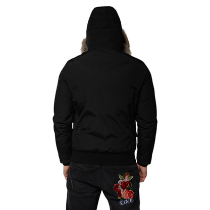 Woolrich Black Hooded Long Sleeves Fur Shearling Coat Jacket