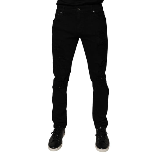 Dolce & Gabbana Black Tattered Cotton Skinny Men Denim Jeans