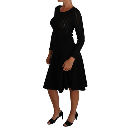 Dolce & Gabbana Black Knitted Wool Sheath Long Sleeves Dress