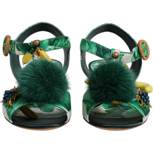 Dolce & Gabbana Green Crystal Fur Embellished Sandals Shoes LA12449-36.5