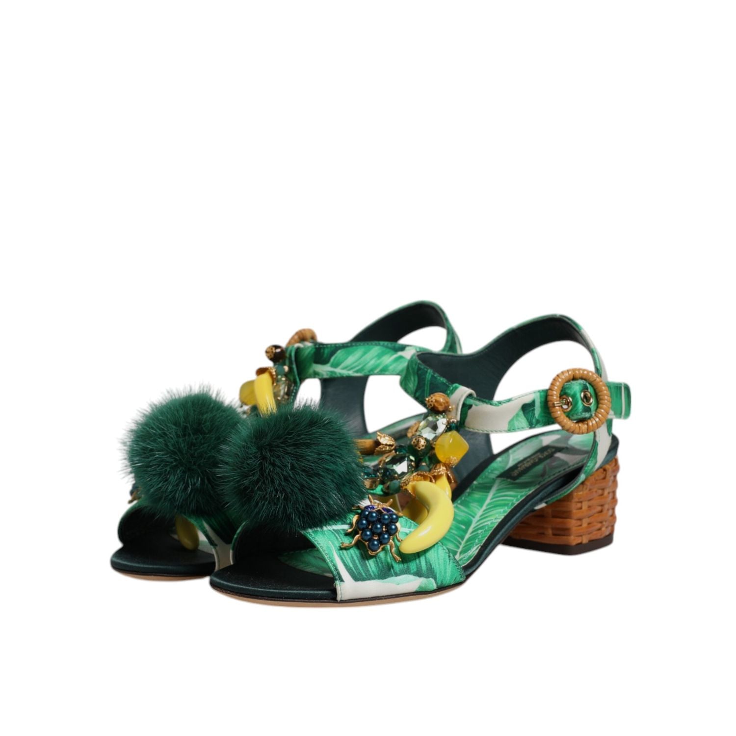 Dolce & Gabbana Green Crystal Fur Embellished Sandals Shoes