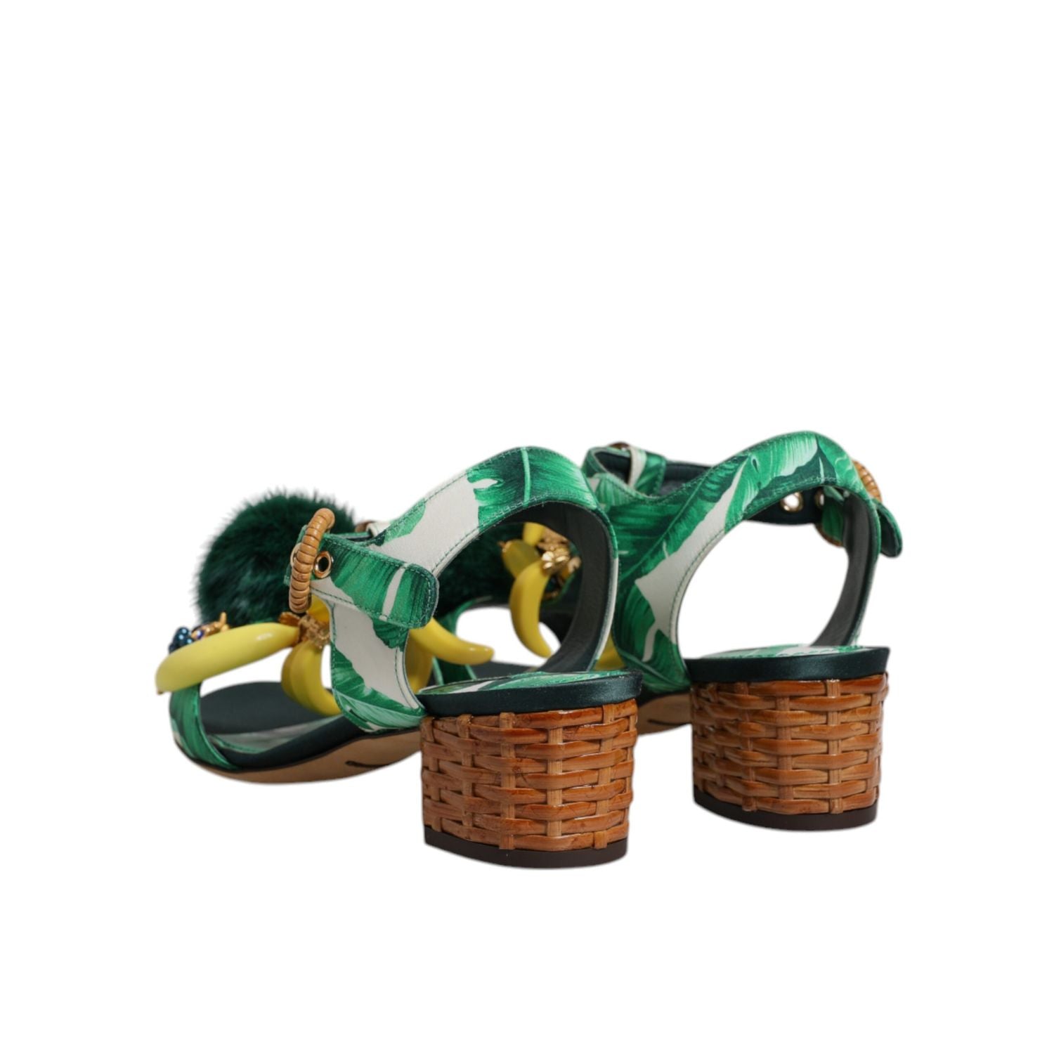 Dolce & Gabbana Green Crystal Fur Embellished Sandals Shoes