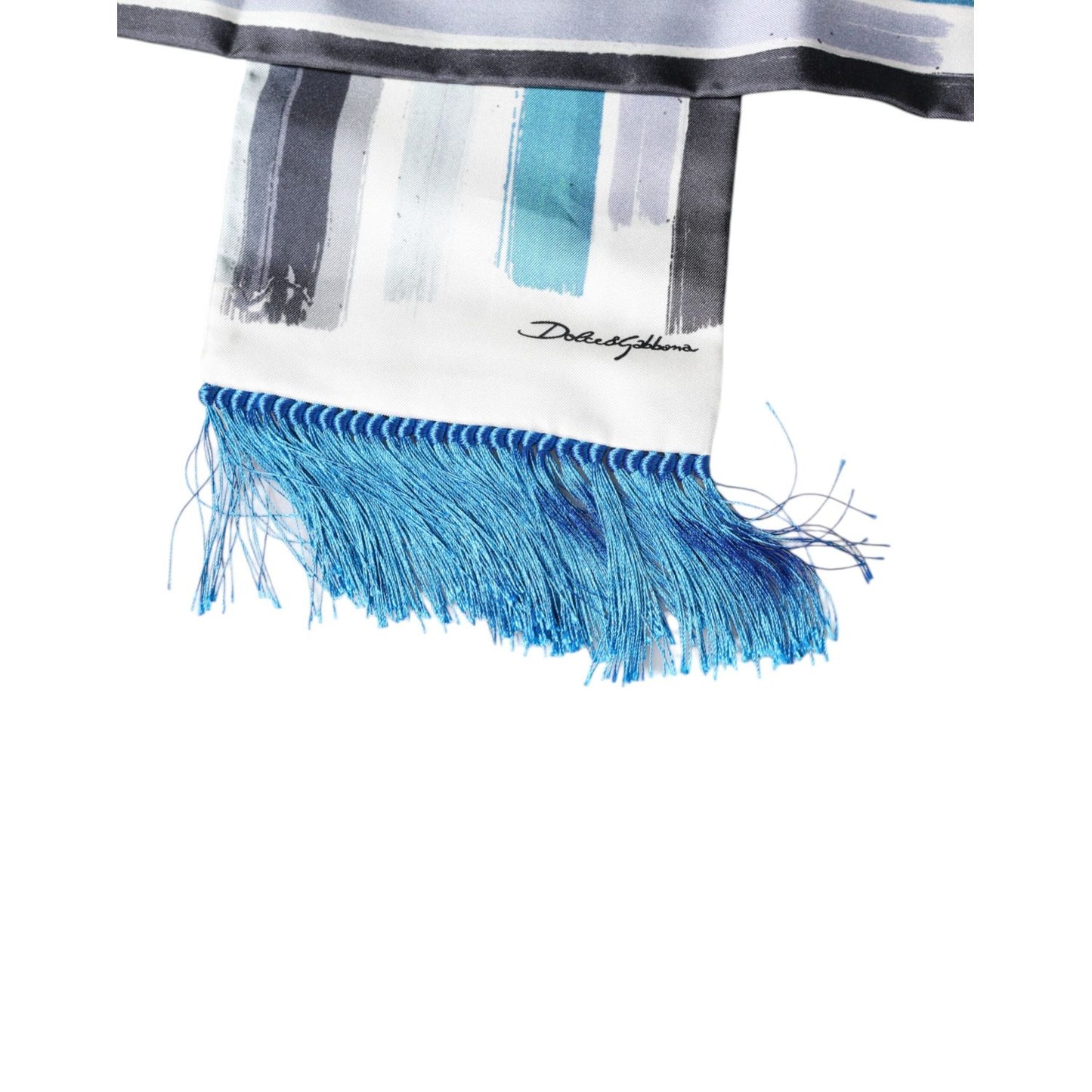 Dolce & Gabbana White Blue Stripes Silk Fringes Wrap Scarf
