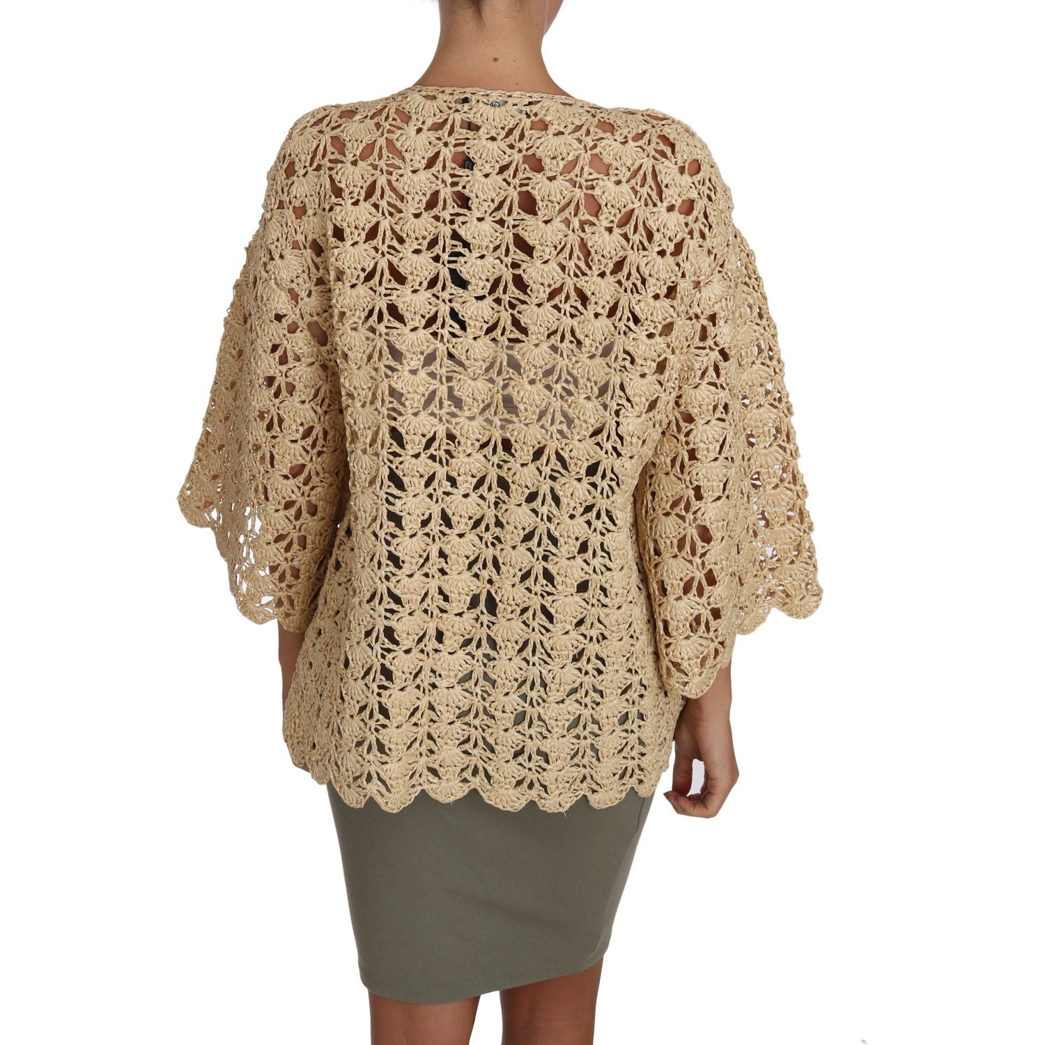 Dolce & Gabbana Beige Cardigan Crochet Knitted Raffia Sweater