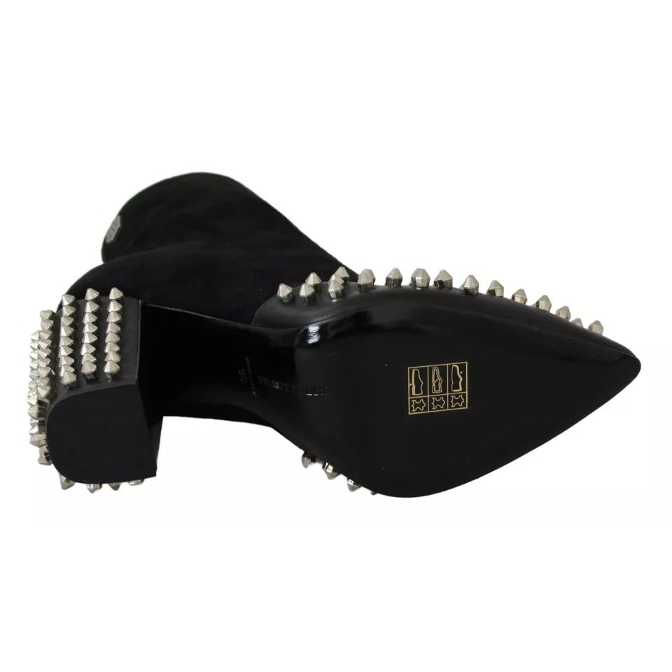 Philipp Plein Black Suede Studded Heels Ankle Boots Shoes