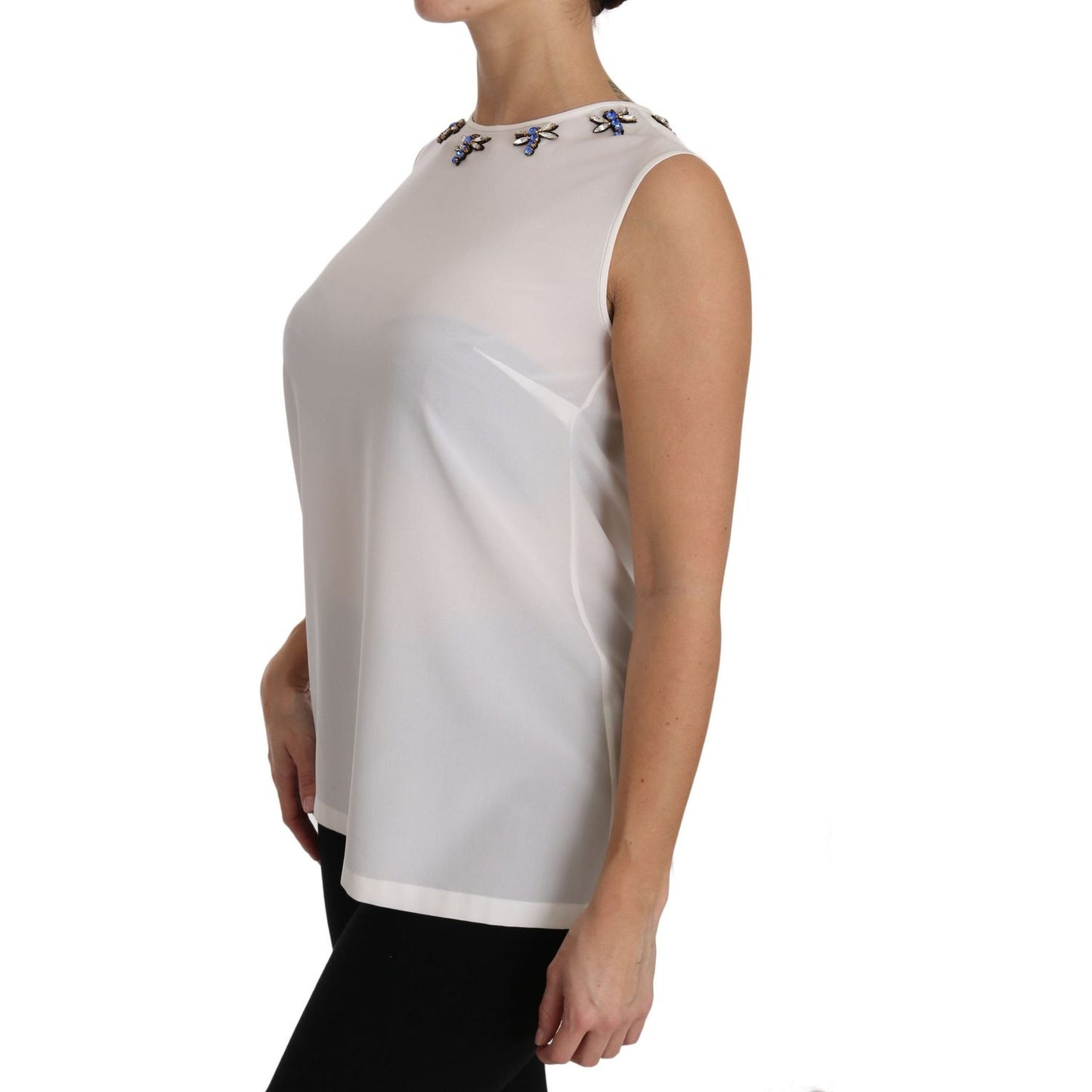 Dolce & Gabbana White Silk Embellished Crystal Dragonfly Top