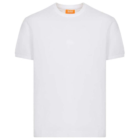 White Cotton T-Shirt with Crew Neck and Elasticated Sleeves by Suns, Featuring a Logo on the Left Sleeve