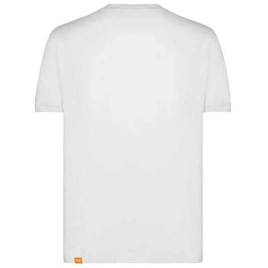 Back view of Suns white cotton T-shirt with crew neck, elasticated sleeves, and left sleeve logo, perfect for casual wear.