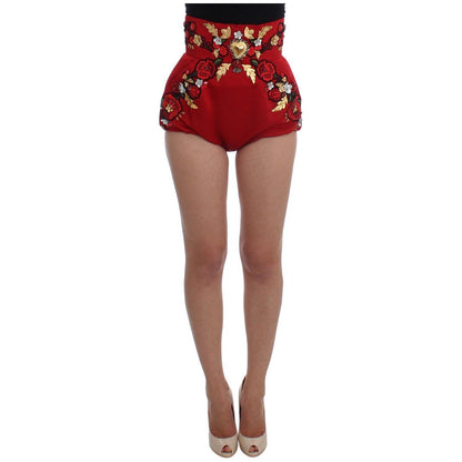 Dolce & Gabbana Red Silk Crystal Roses Shorts