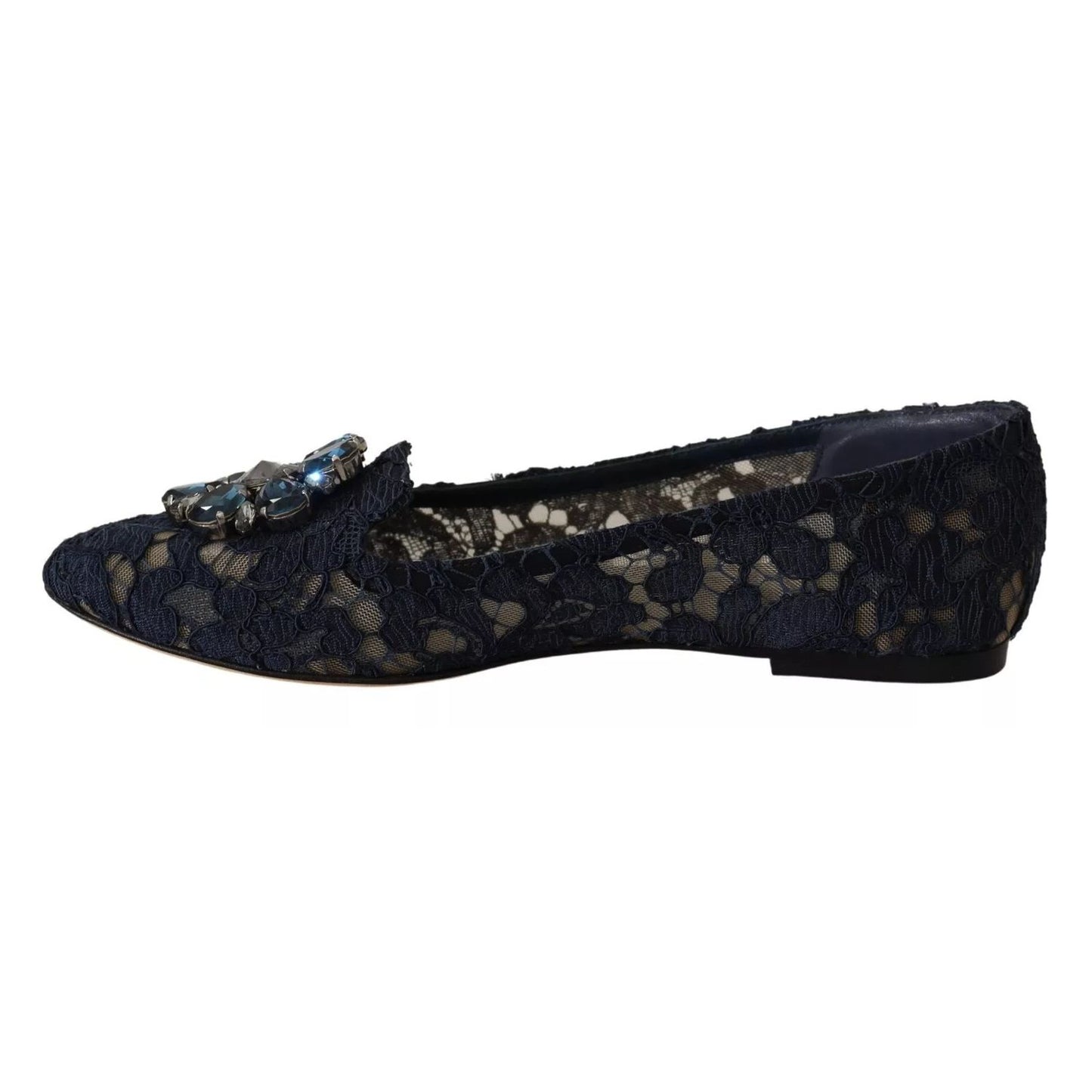 Dolce & Gabbana Blue Crystal Loafer Lace Ballet Flats Shoes