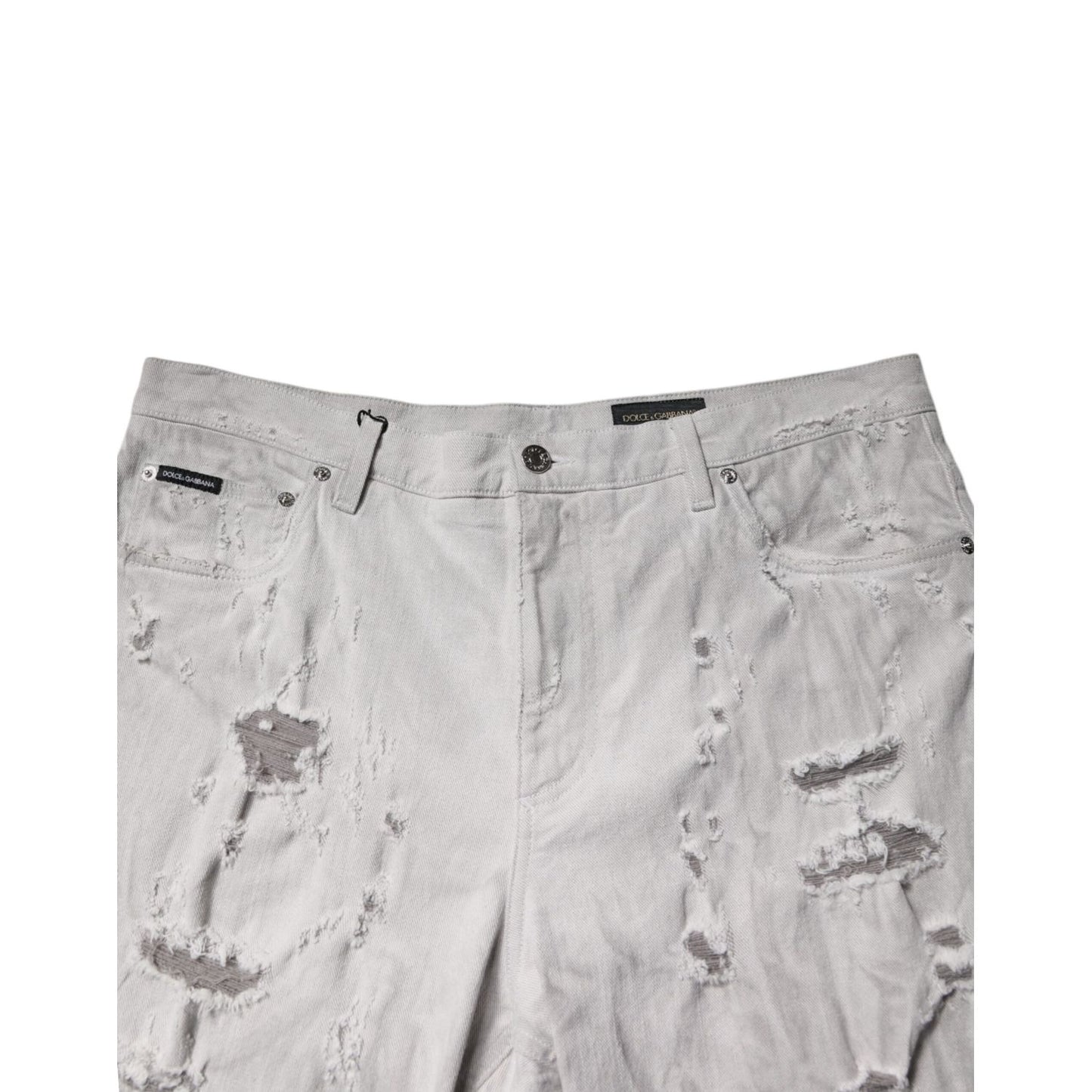 Dolce & Gabbana Light Gray Tattered Men Denim Bermuda Shorts