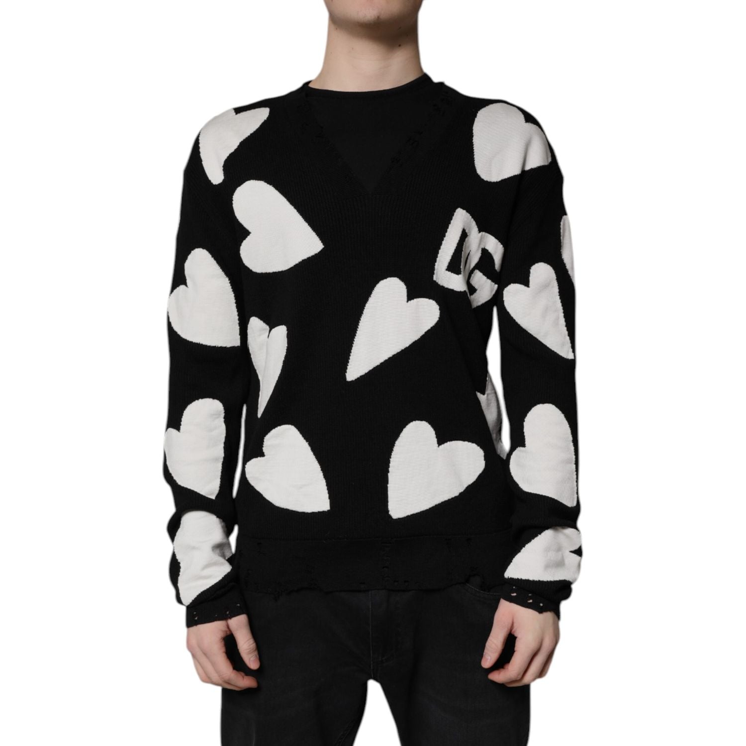 Dolce & Gabbana Black Hearts Silk Crew Neck Pullover Sweater