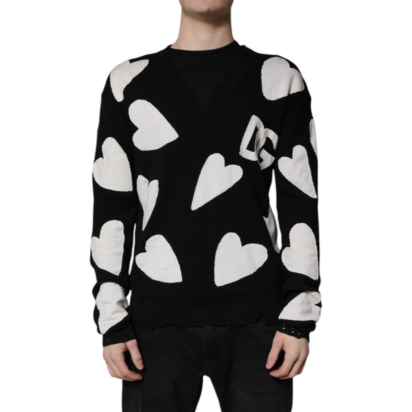 Dolce & Gabbana Black Hearts Silk Crew Neck Pullover Sweater