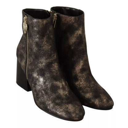 MY TWIN Black Leather Block Heels Ankle Boots Zipper Shoes