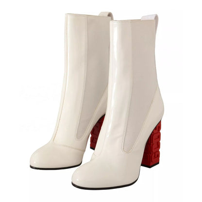 GCDS White Leather Fabric Red Logo Heel Ankle Boots Shoes