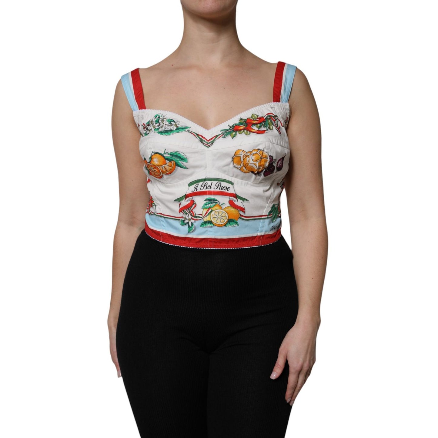 Dolce & Gabbana White Vegetable Print Sweetheart Cropped Top