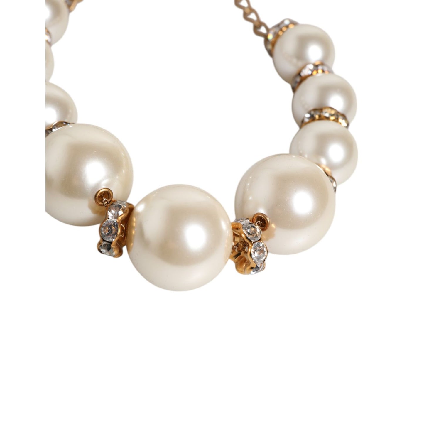 Dolce & Gabbana White Maxi Faux Pearl Beads Crystals Gold Chain Necklace