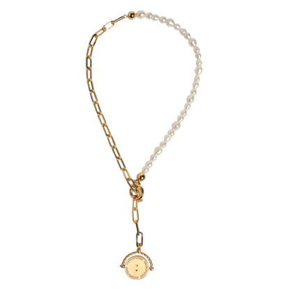 Dolce & Gabbana Gold Chain Brass Faux Pearl Charm Logo Pendant Necklace