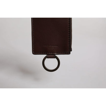 Dolce & Gabbana Brown Calf Leather Lanyard Logo Card Holder Wallet