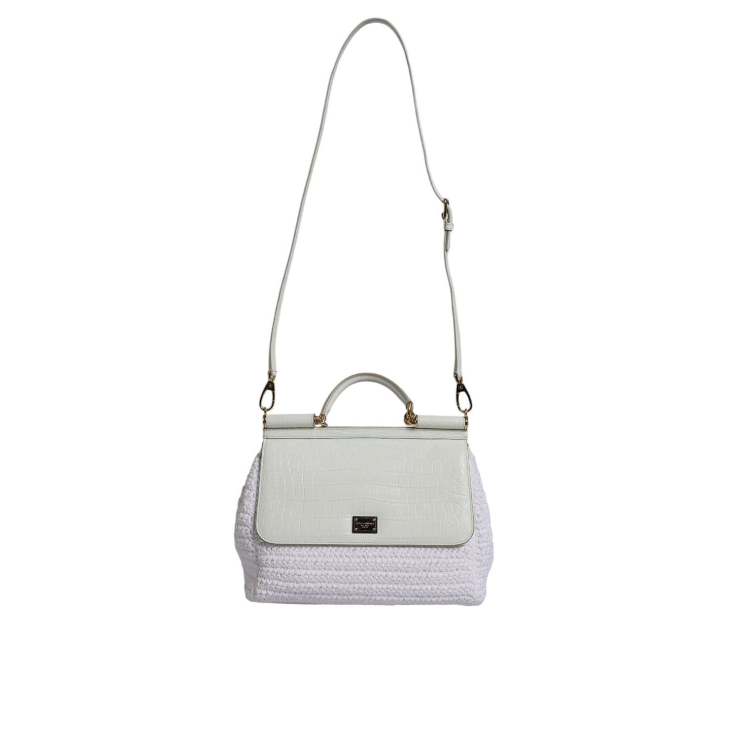 Dolce & Gabbana White Rafia Leather Top Handle Crossbody Bag