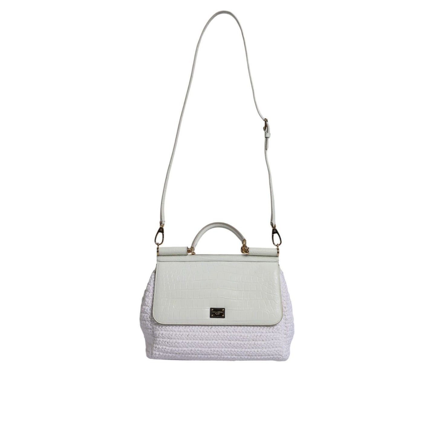 Dolce & Gabbana White Rafia Leather Top Handle Crossbody Bag