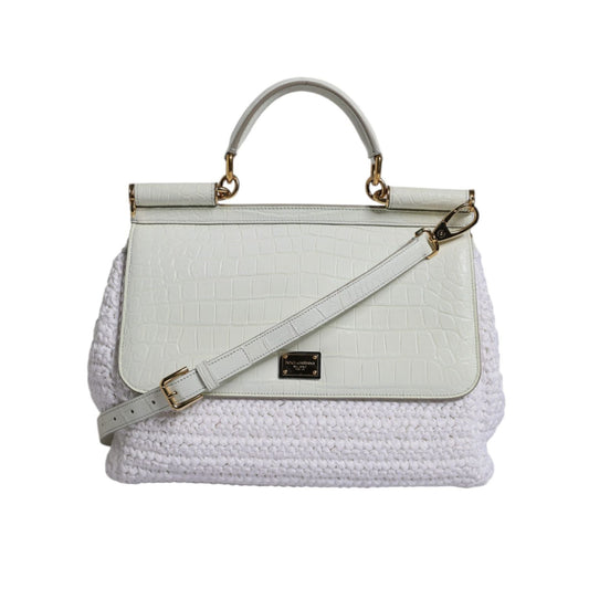 Dolce & Gabbana White Rafia Leather Top Handle Crossbody Bag