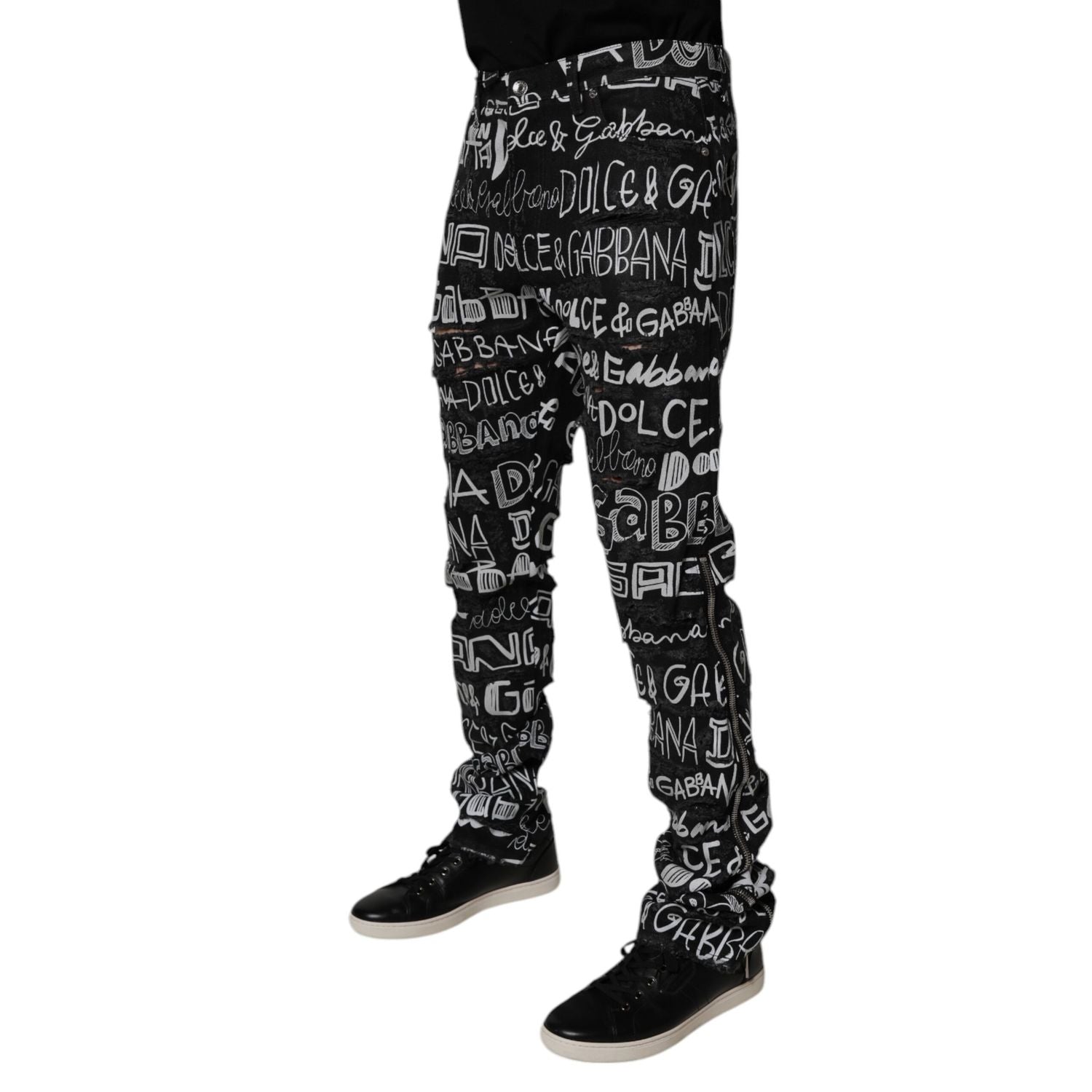 Dolce & Gabbana Black Cotton Logo Print Straight Denim Jeans