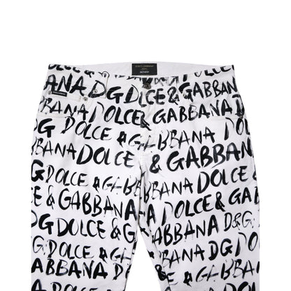 Dolce & Gabbana White Cotton Logo Print Skinny Denim Jeans