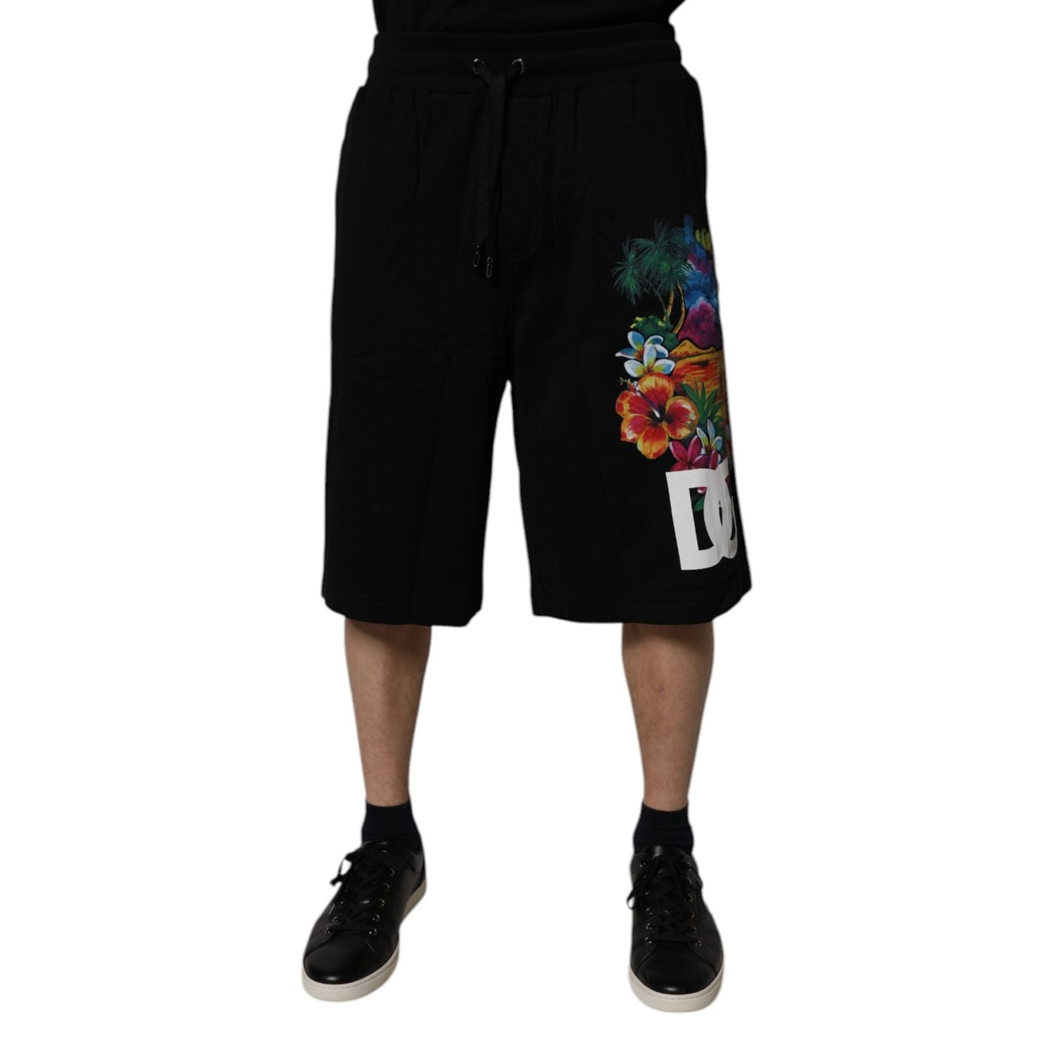 Dolce & Gabbana Black Cotton Logo Floral Print Bermuda Shorts