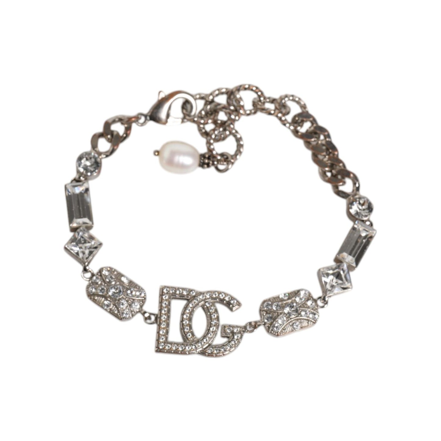 Dolce & Gabbana Silver Brass Crystal DG Logo Charm Embellished Bracelet