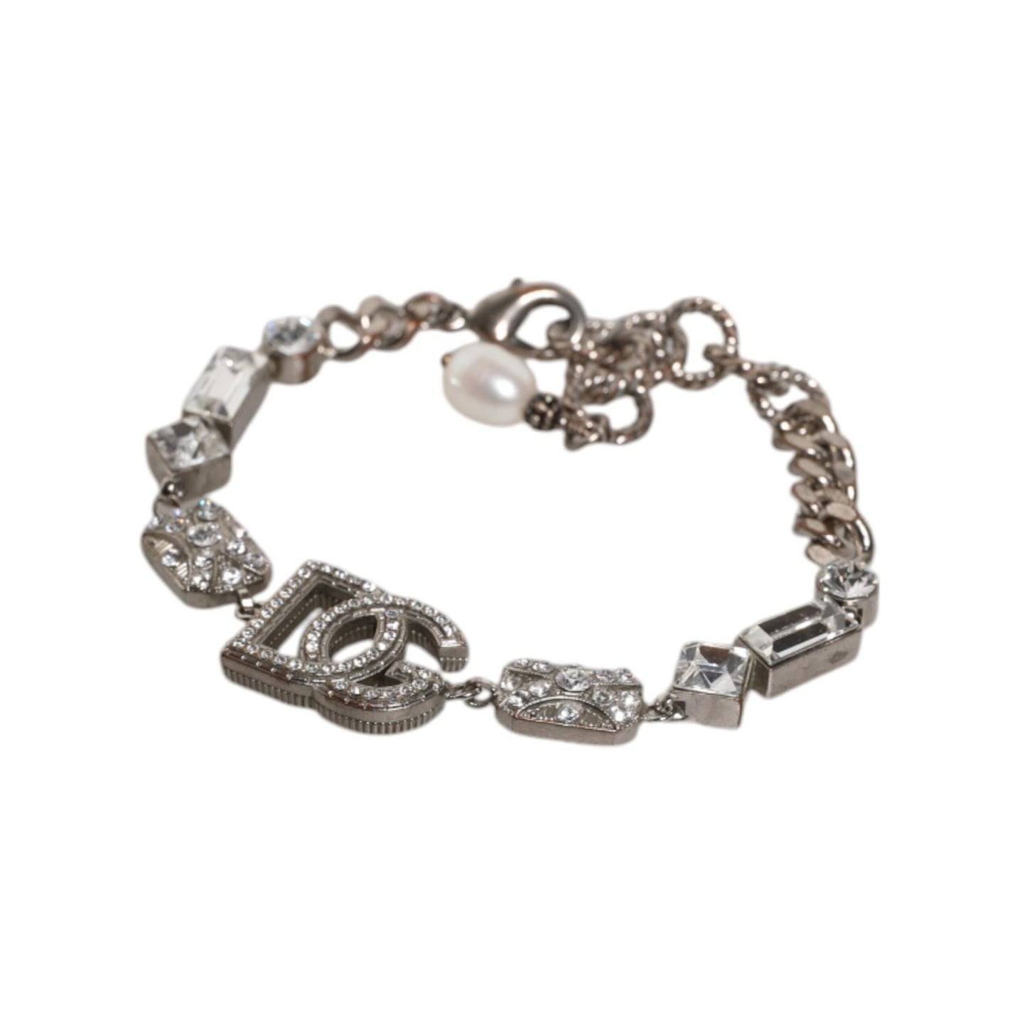 Dolce & Gabbana Silver Brass Crystal DG Logo Charm Embellished Bracelet