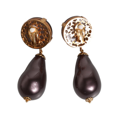 Dolce & Gabbana Gold Brass Black Pearl Clip On Dangling Jewelry Earrings
