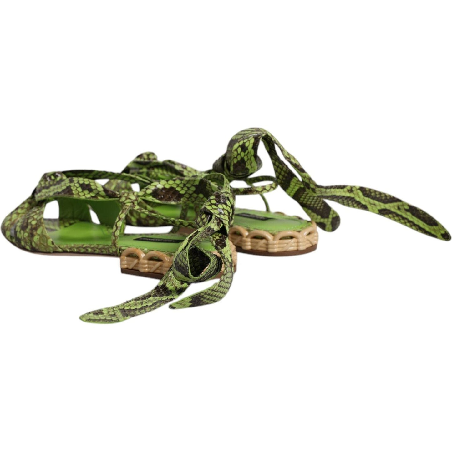 Dolce & Gabbana Green Animal Print Ankle Wrap Sandals Shoes LA12551-35.5