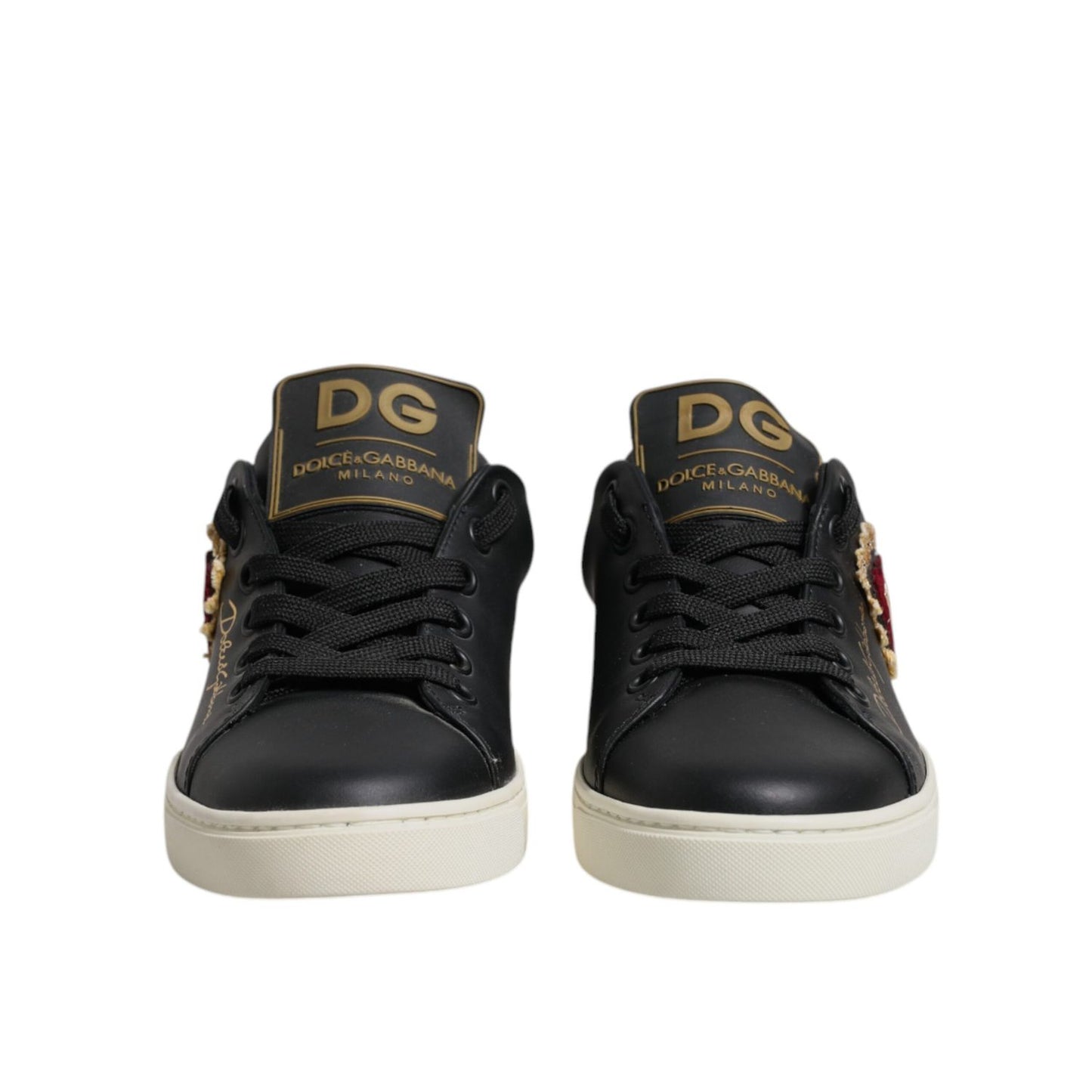 Dolce & Gabbana Black Leather Gold Red Heart Sneakers Shoes
