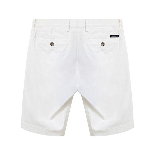 Back view of Dolce & Gabbana white cotton Bermuda shorts with buttoned back pockets and logo. Regular fit, stretch fabric.