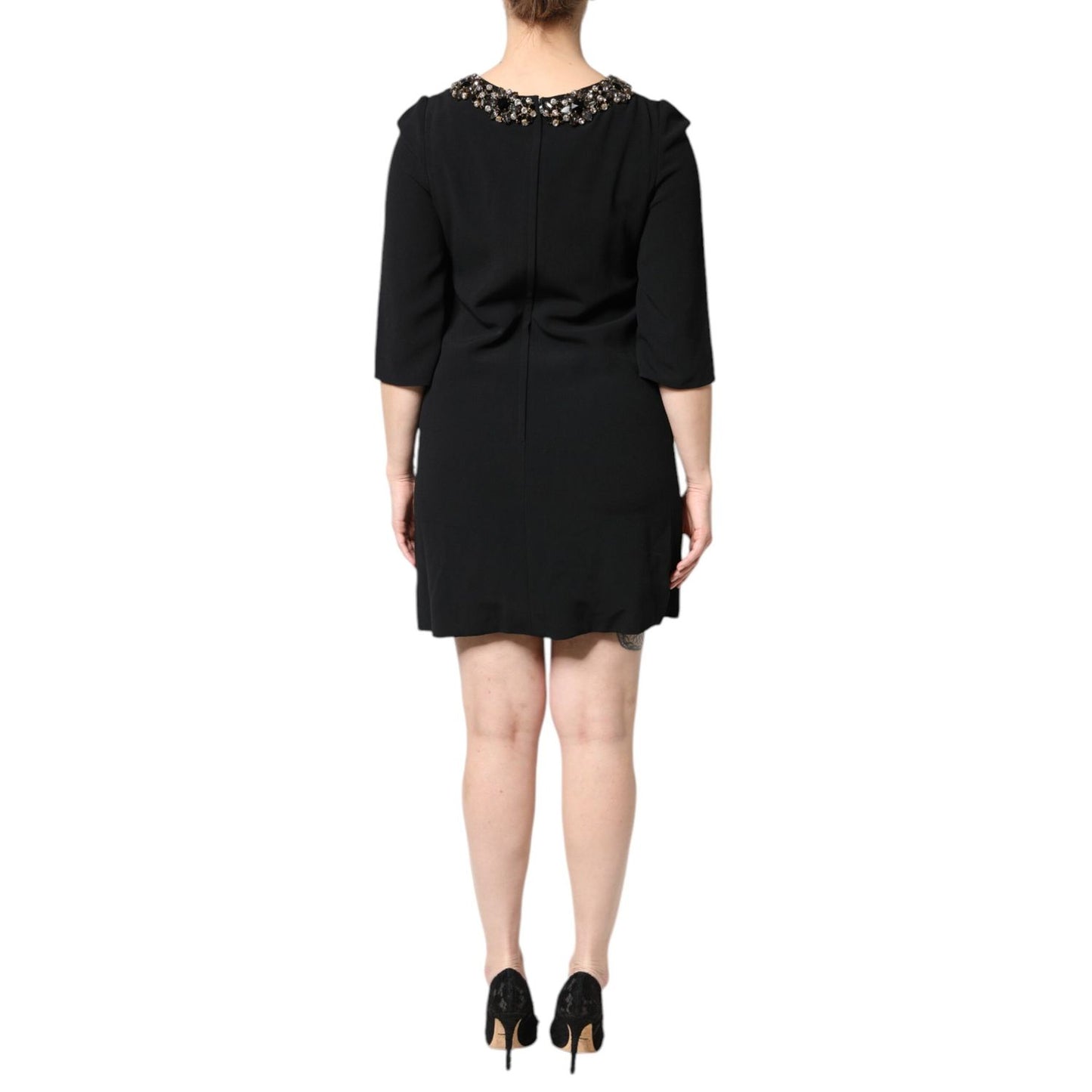 Dolce & Gabbana Black Crystal Embellished Round Neck Mini Dress