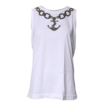 Dolce & Gabbana White Cotton Anchor Chain Embroidery Tank Top