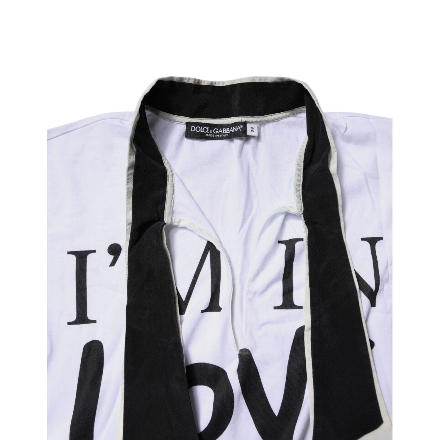 Dolce & Gabbana White Cotton Silk Blend Ascot Collar T-shirt